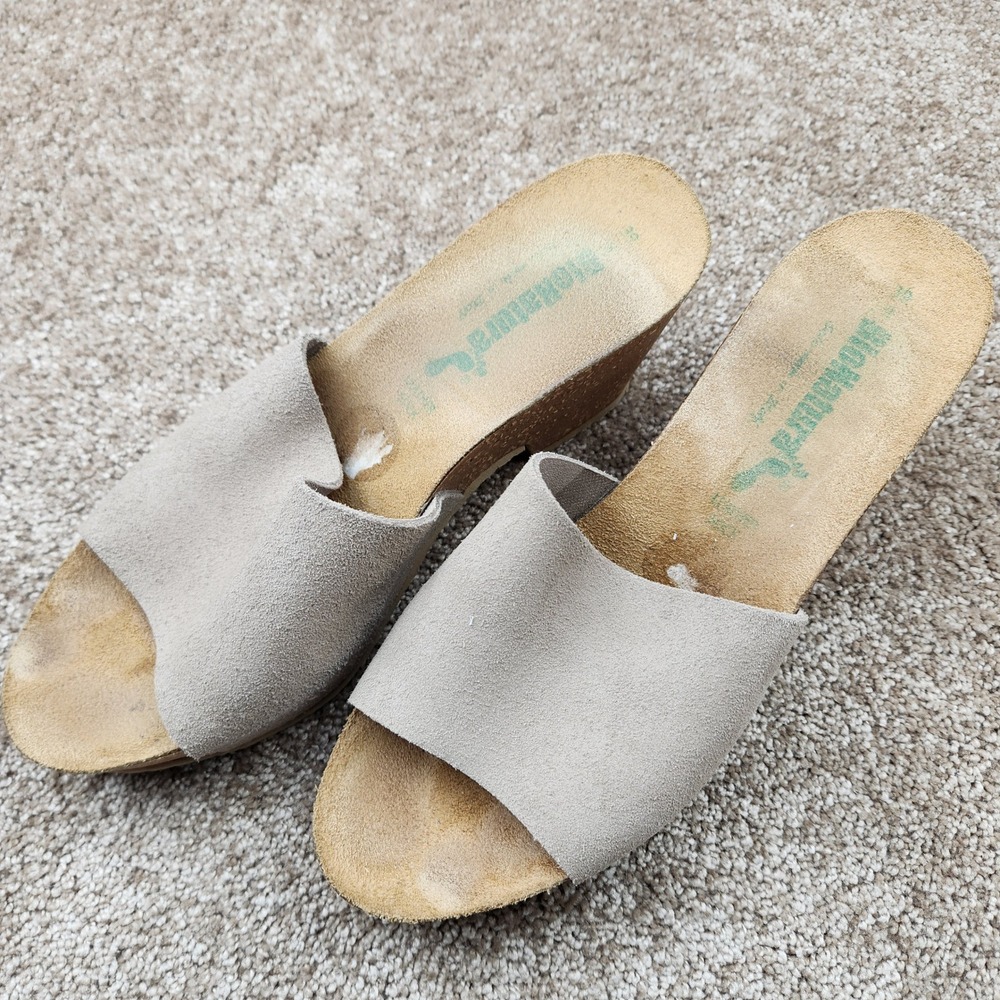 BioNatura Italy Grey Suede Cork‎ Wedge Slide Sandals Womens 39 8 36A922